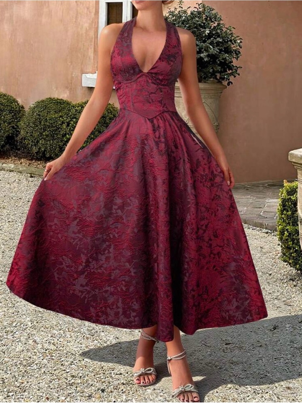 SHEIN Burgundy Floral Jacquard Halter Midi Dress